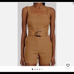 High-Waist Tan Belted Linen-Blend Romper